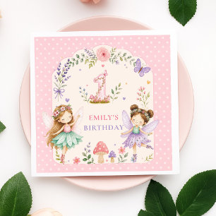 Pink Girl Fairy Garden First Birthday Party Napkins
