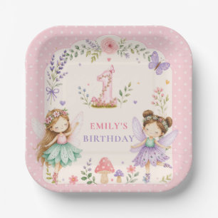 Pink Girl Fairy Garden First Birthday Party Paper Plates