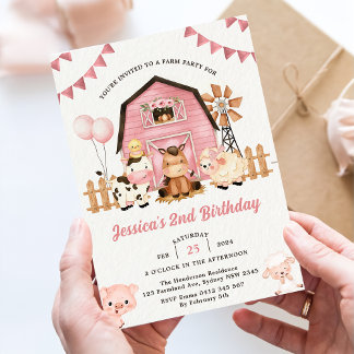 Pink Girl Farm Animals 2nd Birthday Party Invitation