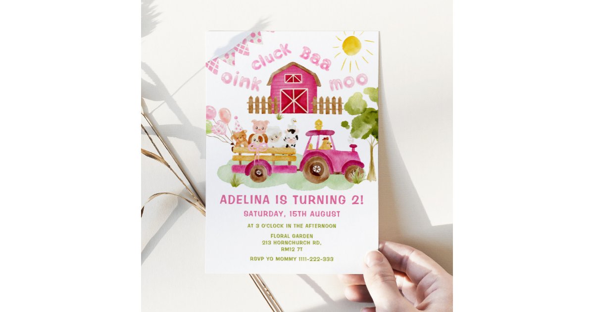 Pink girl Farm animals 2nd birthday party Invitation | Zazzle
