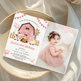 Pink Girl Farm Animals 2nd Birthday Party Photo Invitation