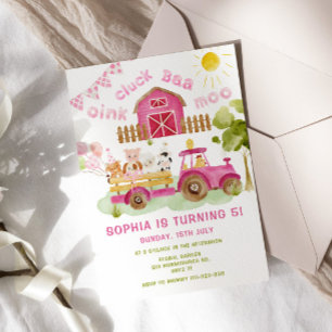 Pink girl Farm animals 5th birthday party Invitation