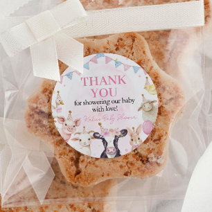 Pink Girl Farm Animals Baby Shower Classic Round Sticker