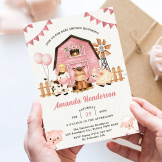 Pink Girl Farm Animals Baby Shower Party Invitation