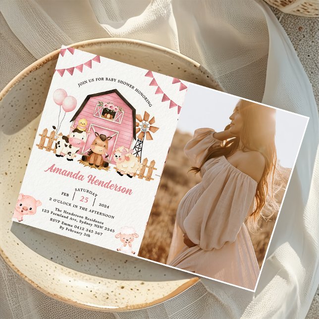 Pink Girl Farm Animals Baby Shower Party Photo  Invitation (Creator Uploaded)