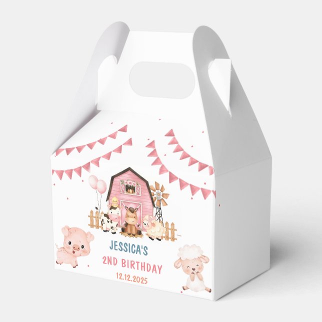 Pink Girl Farm Animals Birthday Party Favor Boxes (Front Side)