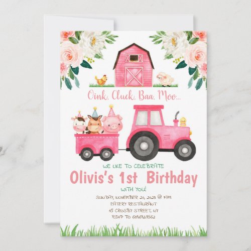 Pink girl Farm animals birthday party Invitation