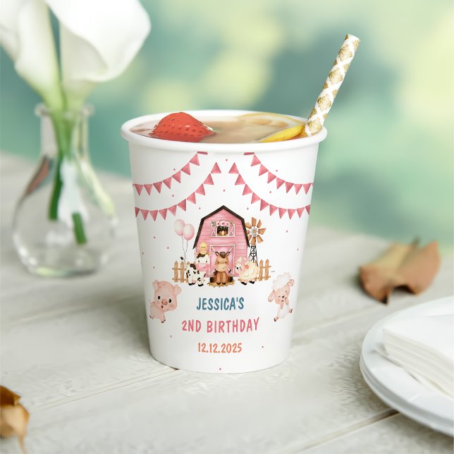 Pink Girl Farm Animals Birthday Party Paper Cups (Creator Uploaded)