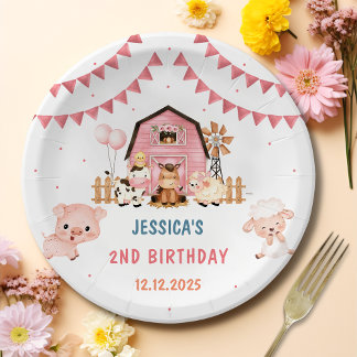 Pink Girl Farm Animals Birthday Party Paper Plates