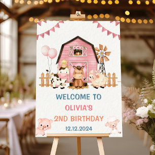 Pink Girl Farm Animals Birthday Party Welcome Sign