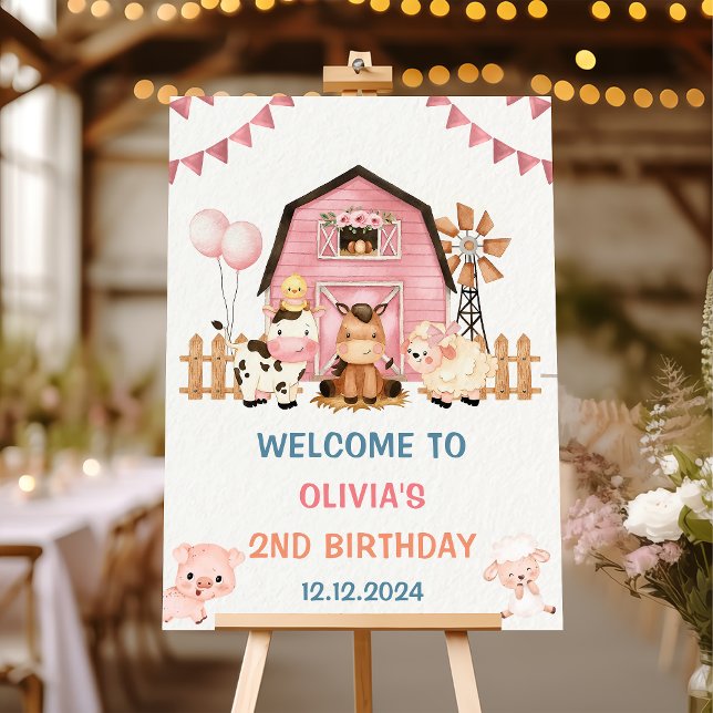 Pink Girl Farm Animals Birthday Party Welcome Sign (Creator Uploaded)
