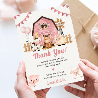 Pink Girl Farm Animals Birthday Thank You Card