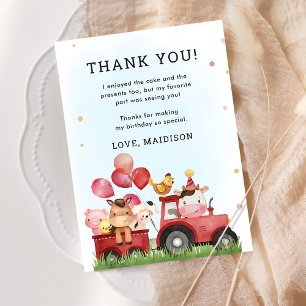 Pink Girl Farm Animals Birthday Thank You Card