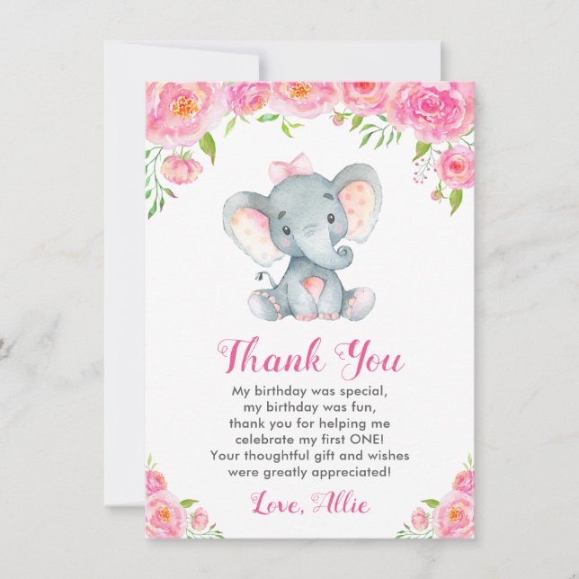 Pink Girl First Birthday Elephant Little Peanut Thank You Card (Front)