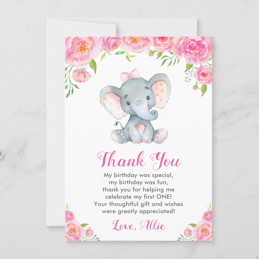 Pink Girl First Birthday Elephant Little Peanut Thank You Card | Zazzle