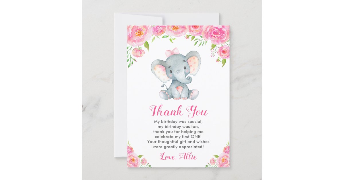 Pink Girl First Birthday Elephant Little Peanut Thank You Card | Zazzle