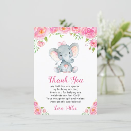 Pink Girl First Birthday Elephant Little Peanut Thank You Card | Zazzle