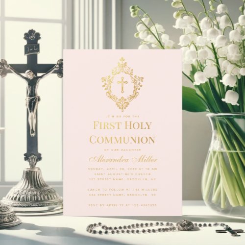 Pink Girl First Communion Faux Gold Crest Blush Invitation