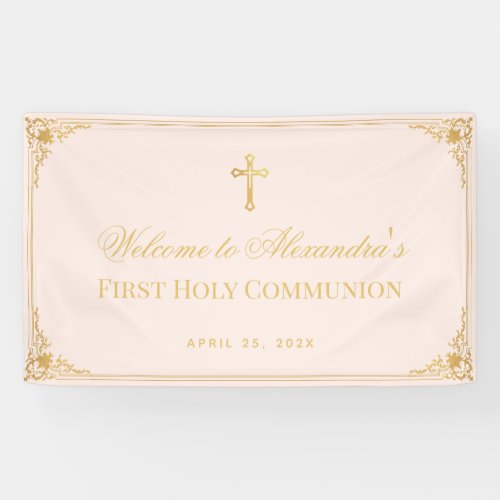 Pink Girl First Communion Faux Gold Cross Welcome  Banner