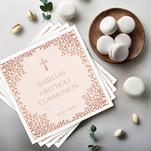 Pink Girl First Communion Rose Gold Leaves Elegant