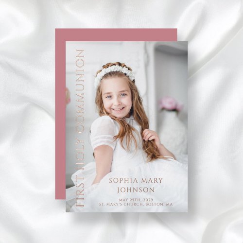 Pink Girl First Holy Communion Photo Rose Gold  Foil Invitation