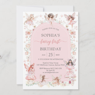 Pink Girl Floral Fairy First 1st Birthday Invitation
