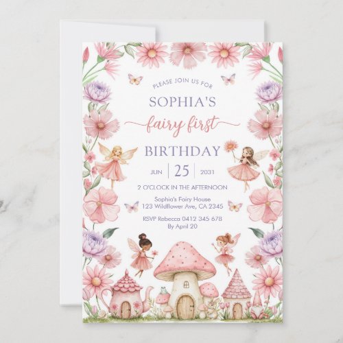 Pink Girl Floral Fairy First 1st Birthday