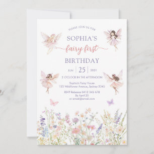 Pink Girl Floral Fairy First 1st Birthday Invitation