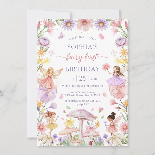 Pink Girl Floral Fairy First 1st Birthday Invitation (Front)