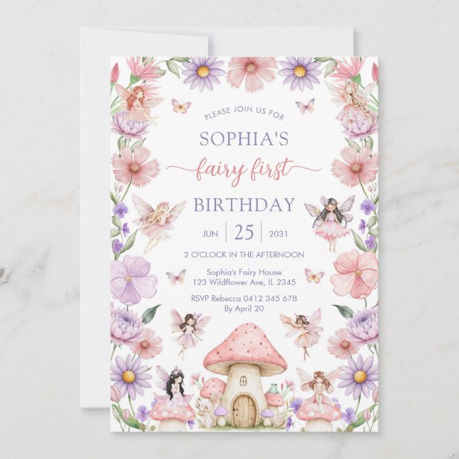 Pink Girl Floral Fairy First 1st Birthday Invitation (Front)