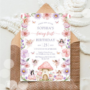 Pink Girl Floral Fairy First 1st Birthday Invitation