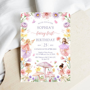 Pink Girl Floral Fairy First 1st Birthday Invitation