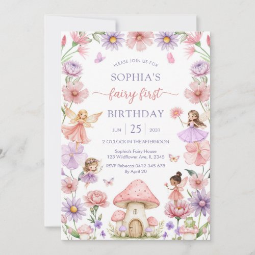 Pink Girl Floral Fairy First 1st Birthday