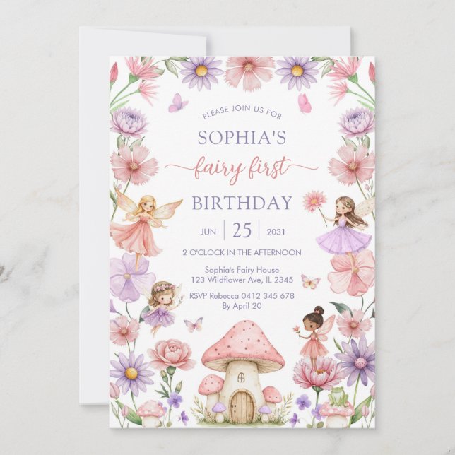 Pink Girl Floral Fairy First 1st Birthday Invitation (Front)