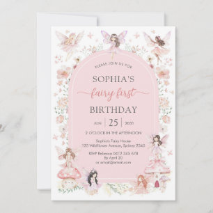 Pink Girl Floral Fairy First 1st Birthday Invitation