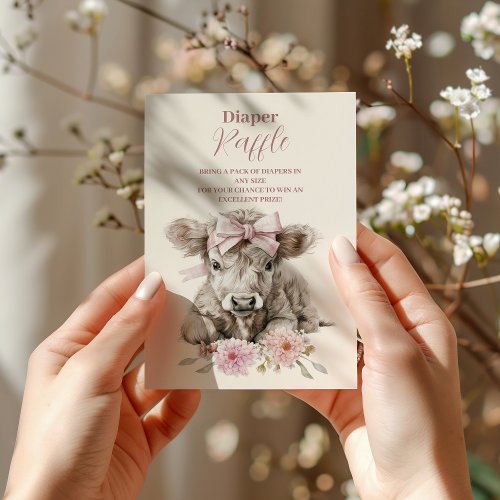 Pink Girl Floral Highland Cow Baby  Raffle Diapper Enclosure Card