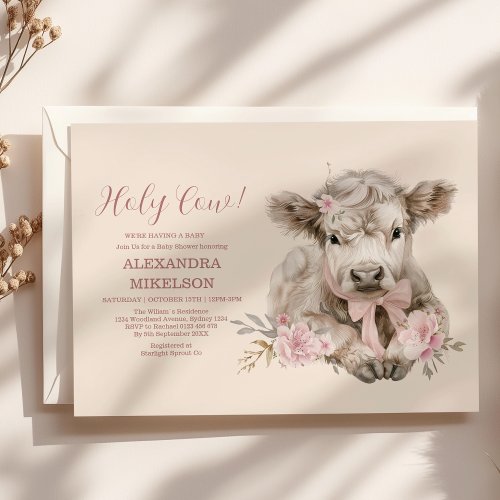 Pink Girl Floral Highland Cow Baby Shower  Invitation