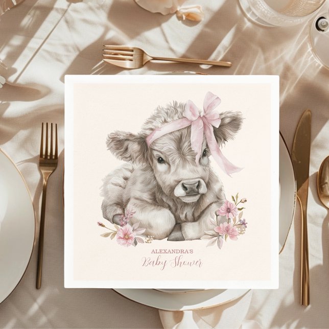 Pink Girl Floral Highland Cow Baby Shower  Napkins (Creator Uploaded)