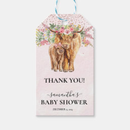 Pink Girl Floral Highland Cow Calf Baby Shower    Gift Tags