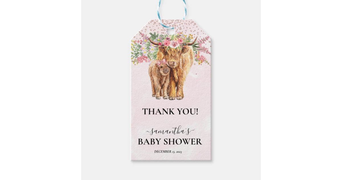 Pink Girl Floral Highland Cow Calf Baby Shower Gift Tags | Zazzle