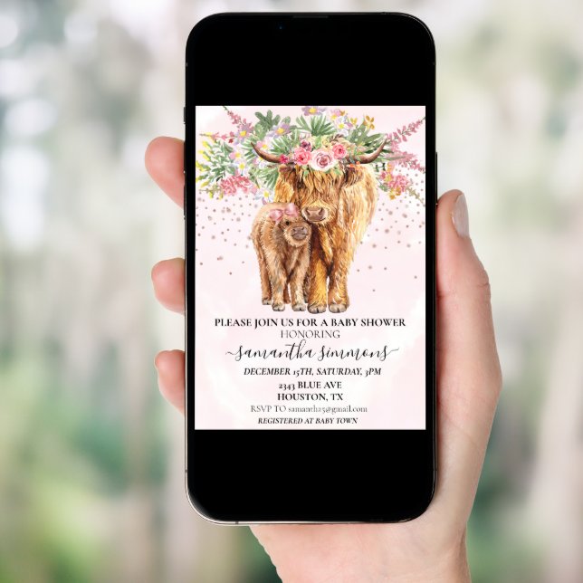 Pink Girl Floral Highland Cow Calf Baby Shower   Invitation (Front Digital)
