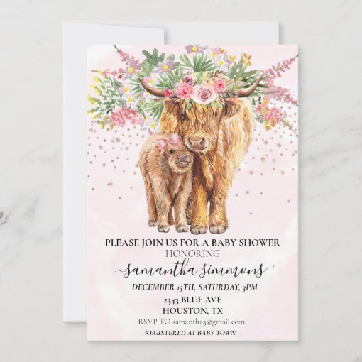 Pink Girl Floral Highland Cow Calf Baby Shower Invitation | Zazzle