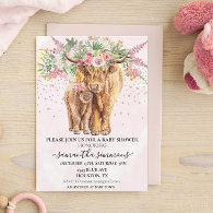 Pink Girl Floral Highland Cow Calf Baby Shower   Invitation