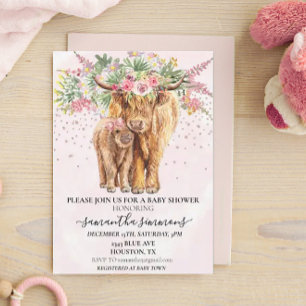 Pink Girl Floral Highland Cow Calf Baby Shower   Invitation