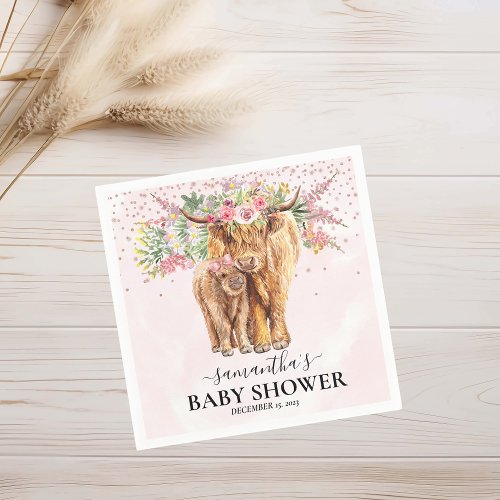 Pink Girl Floral Highland Cow Calf Baby Shower   Napkins