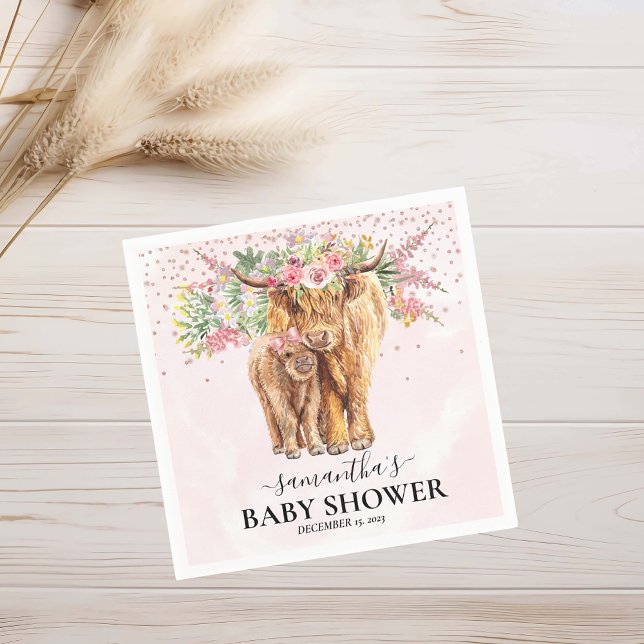 Pink Girl Floral Highland Cow Calf Baby Shower   Napkins (Creator Uploaded)