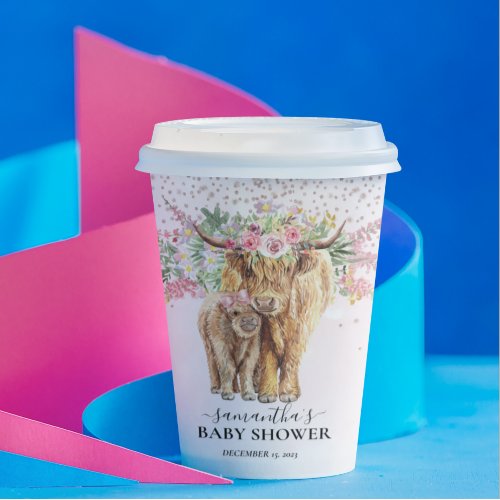 Pink Girl Floral Highland Cow Calf Baby Shower Paper Cups