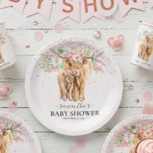 Pink Girl Floral Highland Cow Calf Baby Shower   Paper Plates