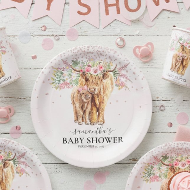 Pink Girl Floral Highland Cow Calf Baby Shower   Paper Plates (Creator Uploaded)