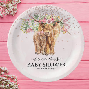 Pink Girl Floral Highland Cow Calf Baby Shower   Paper Plates